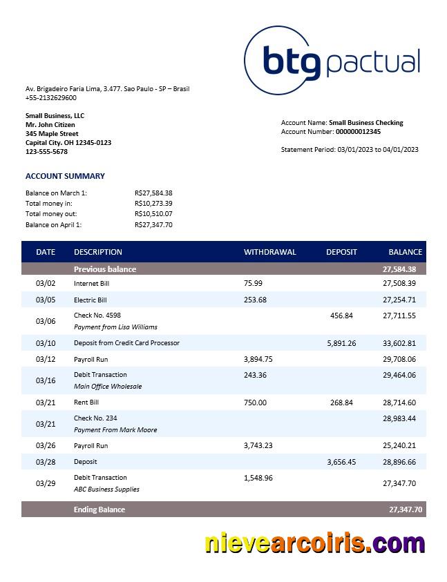 BTG Pactual Bank business checking account statement
